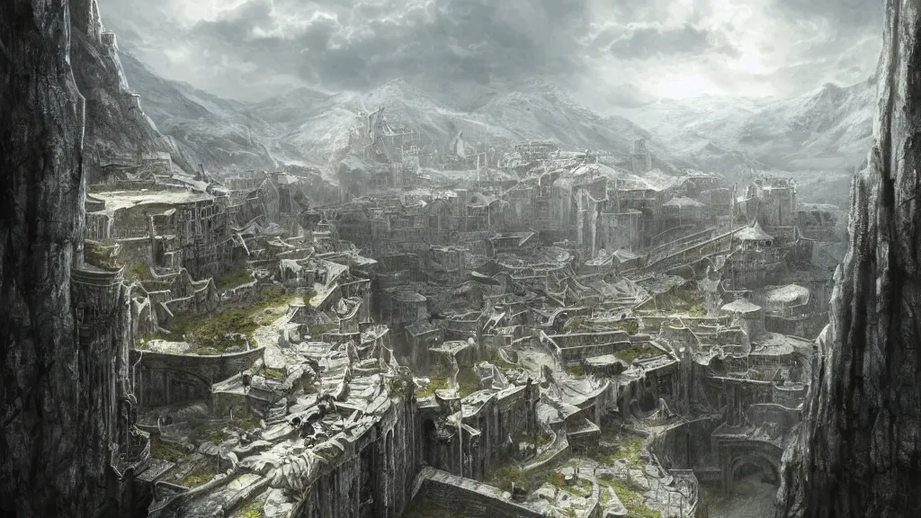 Image similar to the white city of minas tirith in gondor, middle - earth, by alan lee, michal karcz, smooth details, lord of the rings, game of thrones, smooth, detailed terrain, oil painting, trending artstation, concept art, fantasy matte painting