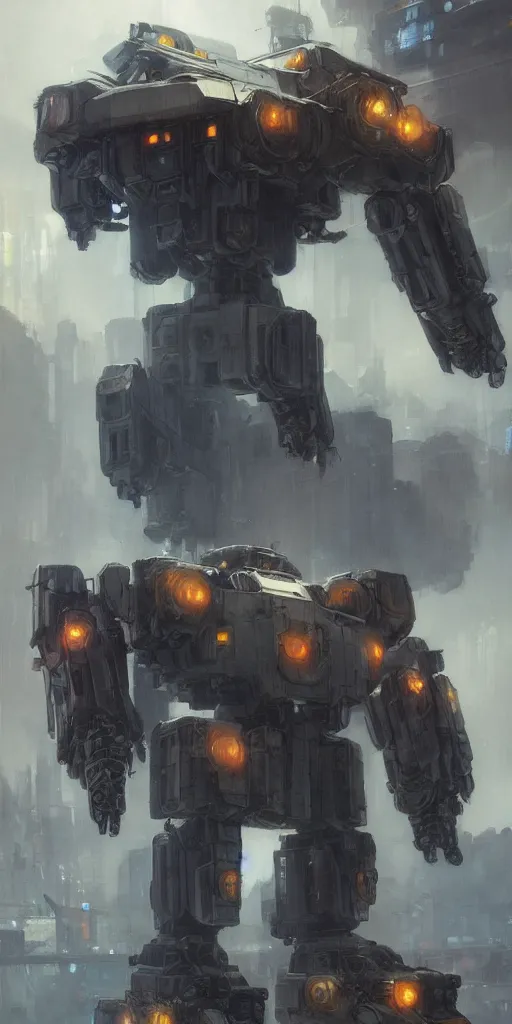 Image similar to Battletech mech in a city, portrait, futuristic, oil painting, industrial, high detail, by Greg Rutkowski, concept art, Mechwarrior, masterpiece, Artstation