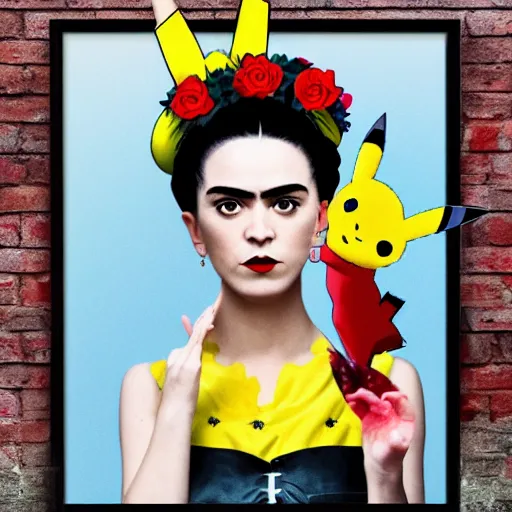 Image similar to pikachu cosplay as frida kahlo, full body portrait photography, in the style of Parisian cafe wall art, subtle subdued colors, rainy day