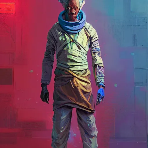 Image similar to a full body sci-fi portrait, oil painting, illustration of an old African Jedi, techwear, colourful, by Justin Sweet and Greg Rutkowski and Alphones Much