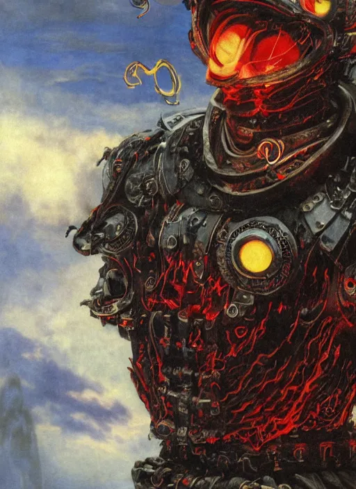 Prompt: portrait of a diabolical cyborg clown samurai with a flamethrougher, wearing burning torn cape, dynamic pose, glowing eyes, ancient ruins, glowing veins subsurface scattering, in clouds, sunset, portrait, by gerald brom, by mikhail vrubel, by peter elson, muted colors, extreme detail, reflections, trending on artstation, 8 k