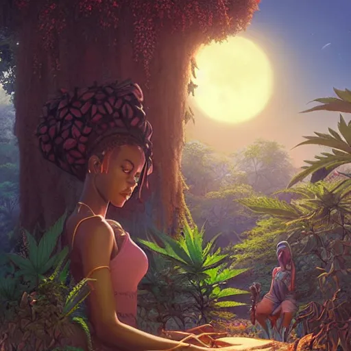 Image similar to an african marijuana!! goddess, by stephen bliss, unreal engine, fantasy art by greg rutkowski, loish, rhads, ferdinand knab, makoto shinkai and lois van baarle, ilya kuvshinov, rossdraws, tom bagshaw, moon light, radiant light, detailed and intricate environment