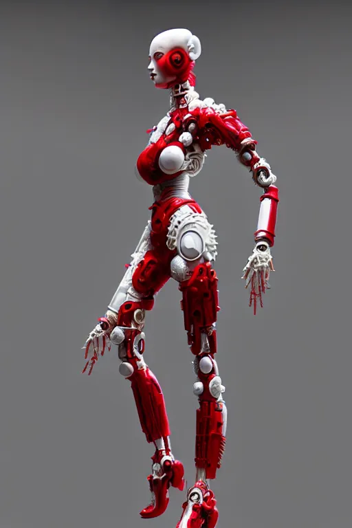 Image similar to a statue made of red marble, of an beautiful chinese girl, full body shot, perfect body, white biomechanical, inflateble shapes, wearing epic bionic cyborg implants, masterpiece, intricate, biopunk futuristic wardrobe, vogue, highly detailed, artstation, concept art, background galaxy, cyberpunk, octane render