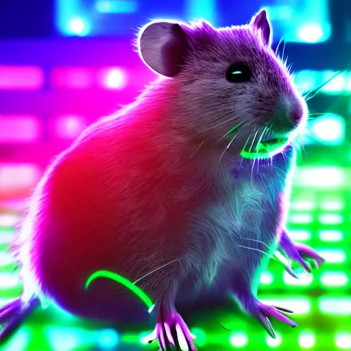 Prompt: cyberpunk hamster made of glowing rainbow neon lights, gems and crystals, light reflection, 8 k, hd, logo