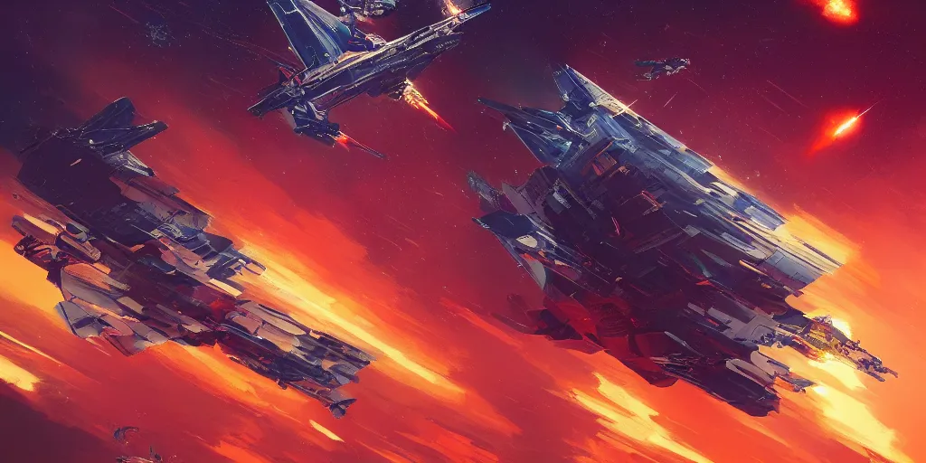 Prompt: an epic spaceship battle in low earth orbit between two waring factions, explosions. cinematic. stunning, gorgeous, intricate detail, alena aenami, masterpiece, 4 k.
