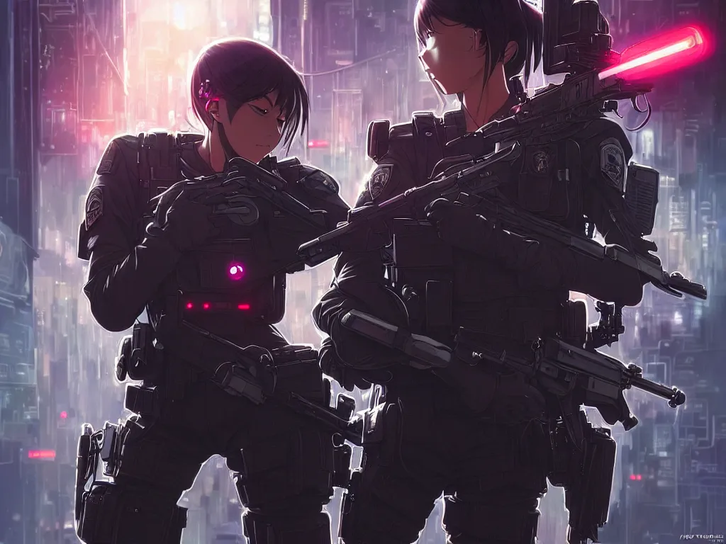 Image similar to anime key visual of a young female swat officer fighting male blood hound, neon, cyberpunk, futuristic, stunning, highly detailed, digital painting, smooth, soft focus, illustration, movie poster, japanese typography, digital art from artstation by artgerm and greg rutkowski and alphonse mucha