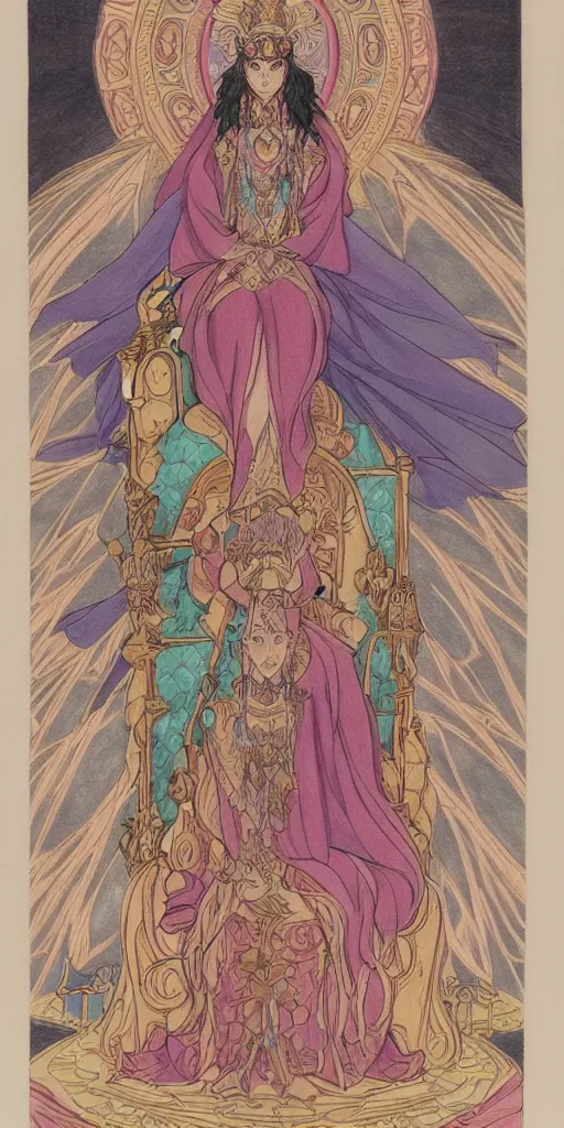 Image similar to a mystical woman priestess sitting on a throne, the divine feminine, drawn by studio UFOTABLE, fine line work, pastel colors