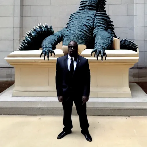 Image similar to black godzilla in a suit at the funeral