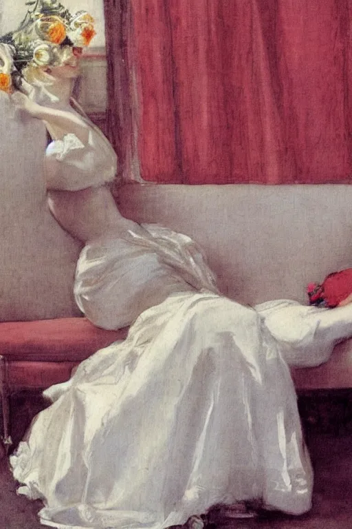 Image similar to european woman in a gown drunk laying on couch, bloom flowers, modern, eclectic, illustration, by ramon casas