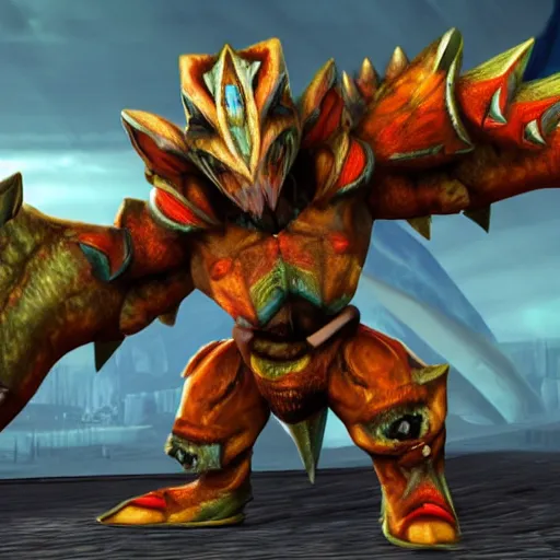 Image similar to magnamalo from monster hunter rise in a suit in monst hunter game
