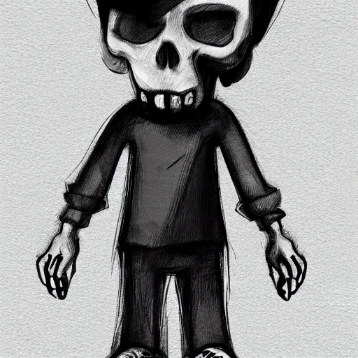 Prompt: cartoon character boy with skull mask, inspired by little nightmares, limbo, concept art
