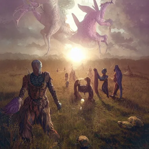 Image similar to group of 4 new adventurers, at a farm, morning, fantasy, d & d, highly detailed, wayne barlowe, trending on artstation