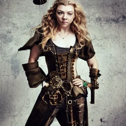 Prompt: whole body photo of natalie dormer as a steampunk warrior