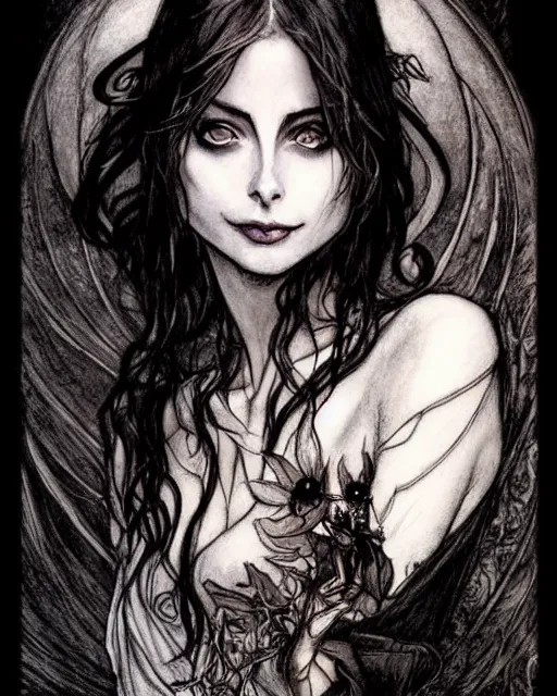 Prompt: style of arthur rackham, artgerm : : gorgeous willa holland : : evil witch, swirling black magic, black dress : : symmetrical face, symmetrical eyes : : full body pose : : gorgeous black hair : : magic lighting, low spacial lighting : :