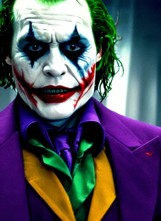 Image similar to film still of Johnny Depp as The Joker in The Dark Knight, 4k