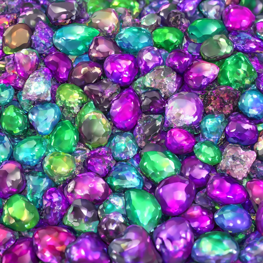 Prompt: high quality 4 k texture of glossy iridicent gem stones, sparkly, 3 d octane render, blender design assets, 3 d, photo - realostic, high poly, 3 0 0 dpi, 8 k render, ue marketplace, unreal engine 5, volumetric lighting, realistic shadows,