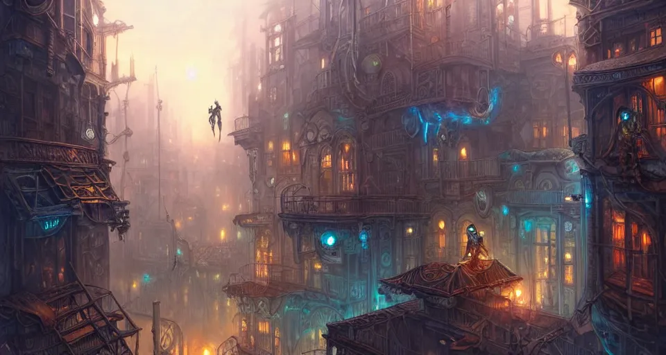 Image similar to landscape painting of fantasy metal steampunk city that has a light blue glow with walkways and lit windows with hooded thieves in leathers climbing the buildings using a rope, fine details, magali villeneuve, artgerm, rutkowski