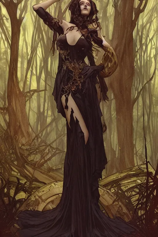 Image similar to gothic queen in the darkness of the forest art by artgerm and Greg Rutkowski and Alphonse mucha and Darek Zabrocki and zdzislaw beksinki, gothic, trending on artstation, artstationHD, artstationHQ, 4k, 8k