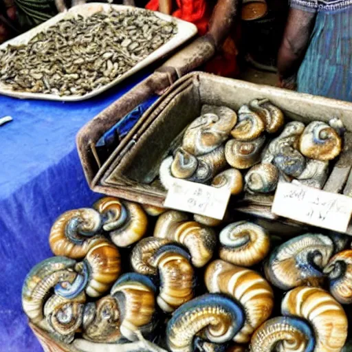 Prompt: live snails being sold at a bazaar