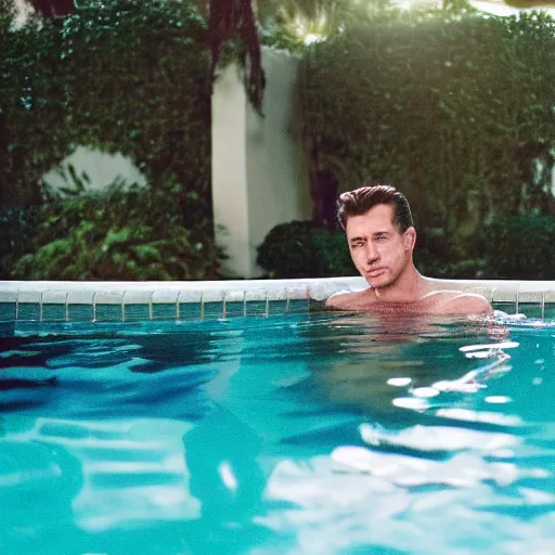 Prompt: joe floating in the pool in sunset boulevard cinematic 3 5 mm 8 k realistic