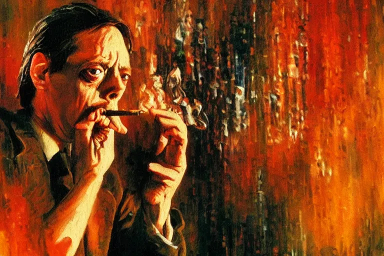 Prompt: expressive detailed impressionistic oil painting of film still of steve buscemi smoking a cigarette in blade runner, 4 k