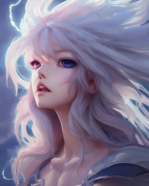 Image similar to character concept art of an anime thunderstormy cloud goddess of lightning | | cute - fine - face, pretty face, realistic shaded perfect face, fine details by stanley artgerm lau, wlop, rossdraws, james jean, andrei riabovitchev, marc simonetti, and sakimichan, tranding on artstation