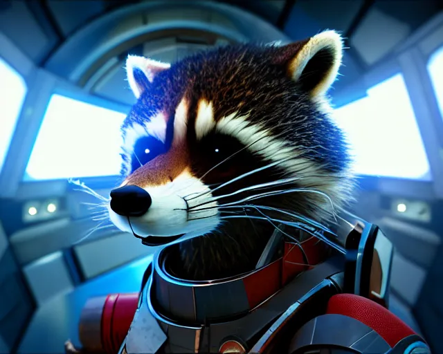 Prompt: 3 5 mm portrait, furry rocket the raccoon sitting in the cockpit of a space ship from guardians of the galaxy, wearing mass effect armor, soft volumetric lighting, cinematic,, octane, 8 k, photorealism!!