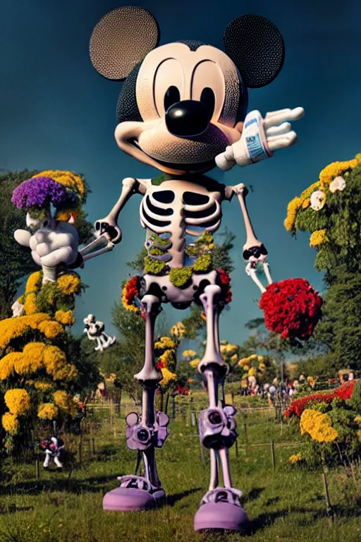 Image similar to a skeletal, mickey mouse made out of flowers and bones, taking a giant robot for a walk by beeple, nychos and arcimboldo, highly detailed, rendered in octane