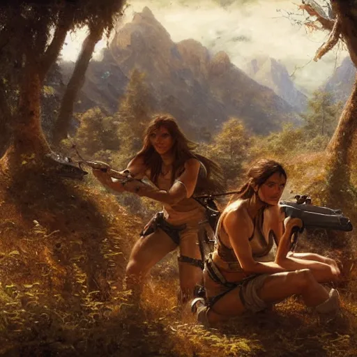 Image similar to lara croft, finds a camp full of humans, highly detailed painting by gaston bussiere, craig mullins, 8 k