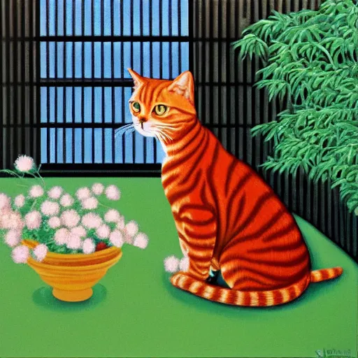 Image similar to oil painting of a red tabby cat sitting in the backyard, by Hiroshi Nagai