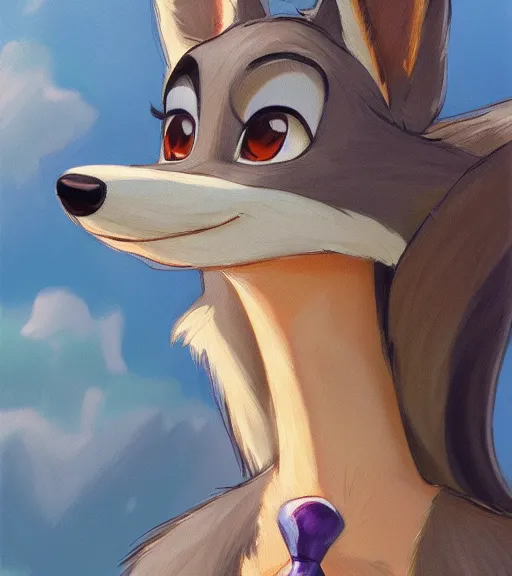 Image similar to oil painting of full body of anthromorphic female wolf, in style of zootopia, zootopia, zootopia, fursona, furry, furaffinity, 4 k, deviantart, furry art, fursona art, wearing black business suit, business suit, in style of zootopia, wolf fursona, cyberpunk, female, expressive detailed feminine face,
