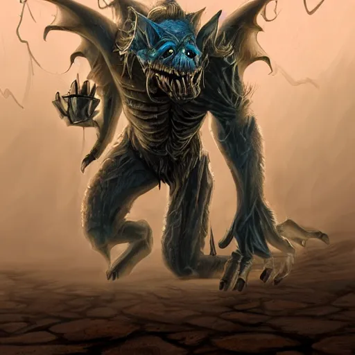 Image similar to a highly detailed goblin with grey skin and blue eyes that glow, in a dust storm, like magic the gathering, goblin chainwalker,, digital art, by christopher rush