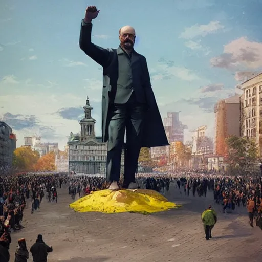 Image similar to a crowd of people with ukrainian flags bring down statue of vladimir lenin, photorealistic, highly detailed, artstation, smooth, sharp focus, art by michael whelan, artgerm, greg rutkowski and alphonse mucha