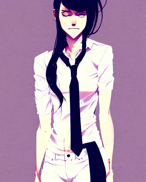 Image similar to a ultradetailed full body portrait of a woman dressed in a white shirt with a tie, detailed face, by conrad roset, greg rutkowski and makoto shinkai trending on artstation