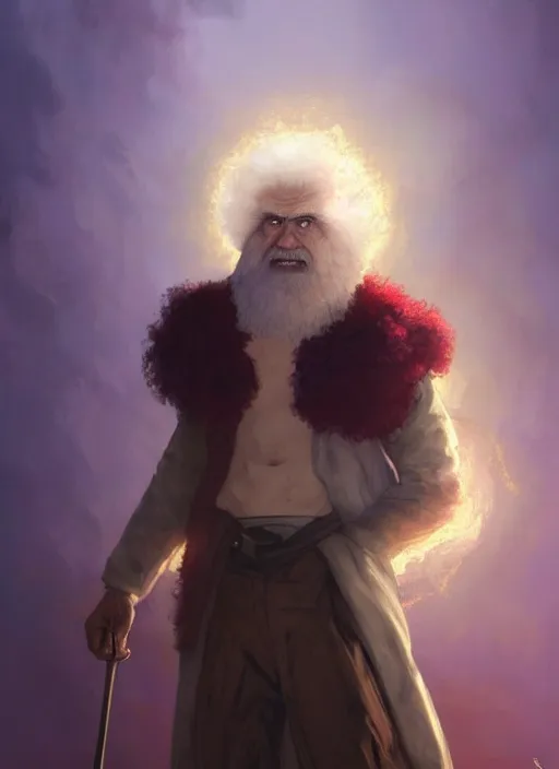 Image similar to Portrait of Bob Ross, white glowing eyes, maroon coloured afro, male, fantasy, extremely detailed, digital painting, artstation, concept art, smooth, sharp focus, illustration, stunning lighting, art by artgerm and greg rutkowski and alphonse mucha and simon stalenhag, realistic character concept, high fantasy, light atmosphere, golden ratio, cinematic lighting, hyperdetailed, high resolution, insanely detailed and intricate, artstation, Marc Simonetti, Greg Rutkowski, 8k