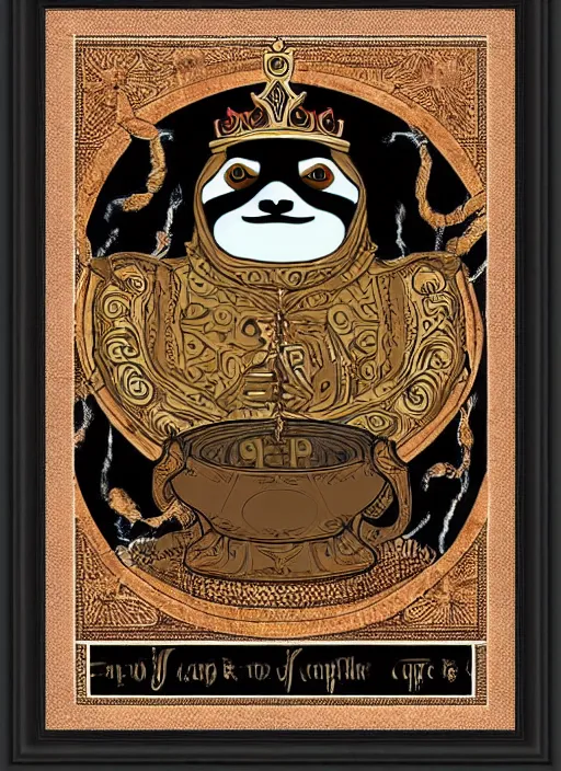 Prompt: sloth as the king of cups, copper cup, coper crown, poster framed, intricate details, medieval art style, high contrast, posterized