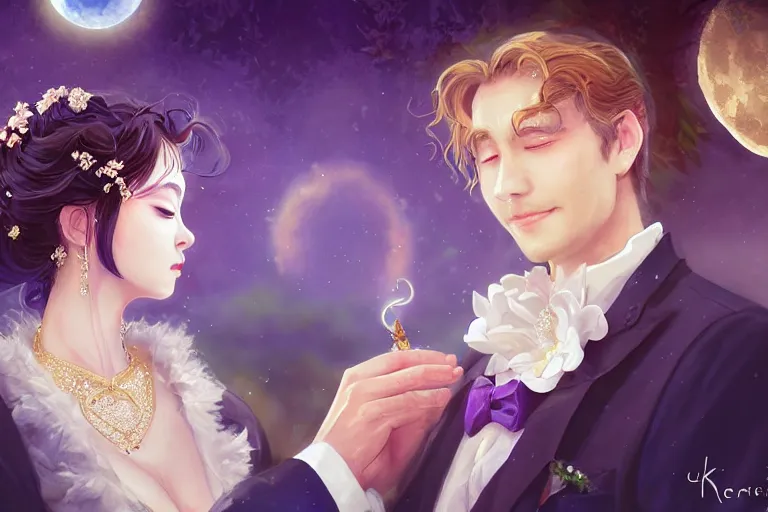 Image similar to a cinematic portrait of wedding photograph jpeg close up moment of a divine a japan sun god and moon goddess lovers magician at a wedding banquet. portraiture. digital painting. artstation. concept art. wedding photo. digital painting. violet evergarden art masterpiece by art by krenz cushart