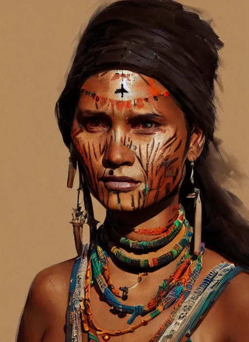 Image similar to A painting of a tribal woman, trending on artstation in the style of Greg Rutkowski