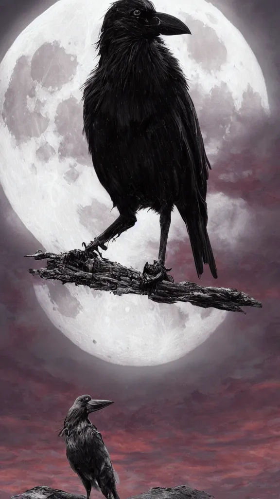 Prompt: portrait, a crow in front of the full big moon, book cover, red white and black colors, establishing shot, extremly high detail, foto realistic, cinematic lighting, by Yoshitaka Amano, Ruan Jia, Kentaro Miura, Artgerm, post processed, concept art, artstation, matte painting, style by eddie mendoza, raphael lacoste, alex ross