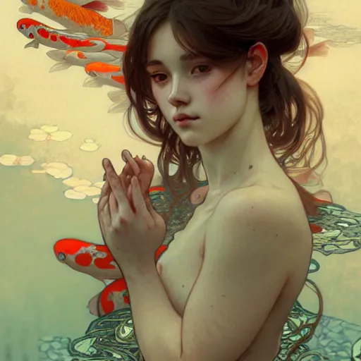 Image similar to Portrait of a girl surrounded by Koi fish, face, fantasy, intricate, elegant, highly detailed, digital painting, artstation, concept art, smooth, sharp focus, illustration, art by Krenz Cushart and Artem Demura and alphonse mucha