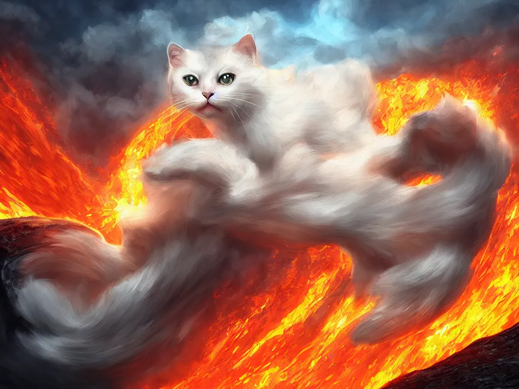 Image similar to a white fluffy cat surfing on lava, muscular, erupting volcano, stunning scene, 8 k, extremely detailed digital painting, depth, bright colors, trending on artstation