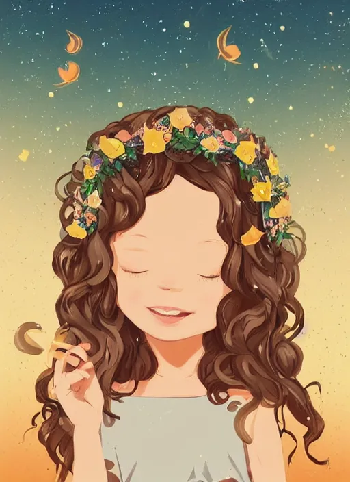 Prompt: little girl with wavy curly light brown hair chasing fireflies in the woods. wearing a flower crown. clean cel shaded vector art. shutterstock. behance hd by lois van baarle, artgerm, helen huang, by makoto shinkai and ilya kuvshinov, rossdraws, illustration, art by ilya kuvshinov