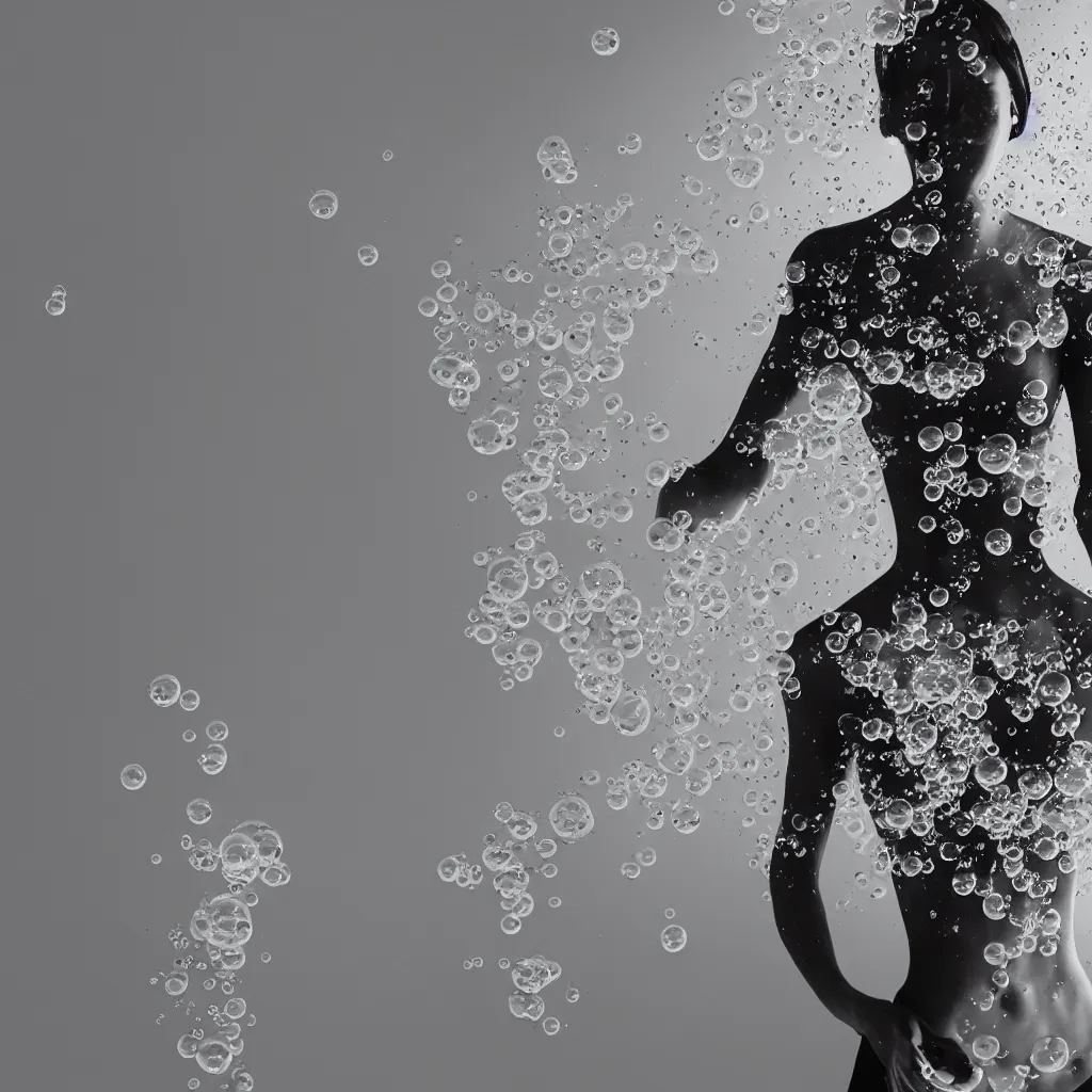 Prompt: a woman made of ink bubbles, octane render