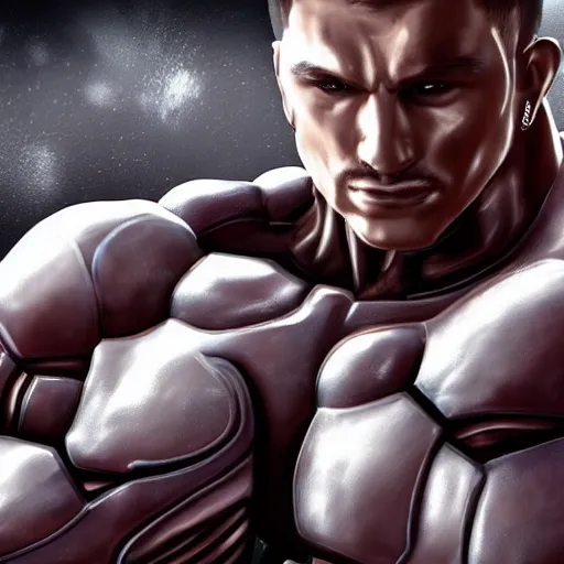 Image similar to a realistic detailed photo of a bodybuilder who is also a male android Chris Redfield, shiny skin, posing robotically, blank stare