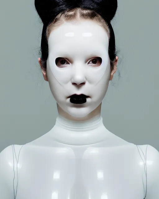 Prompt: portrait of a woman wearing a white embroidered translucent silicone mask and white black frizzy hair buns, wearing a black bodysuit by alexander mcqueen, cream white background, soft diffused light, biotechnology, humanoide robot, bjork aesthetic, translucent, by rineke dijkstra, intricate details, highly detailed, masterpiece,