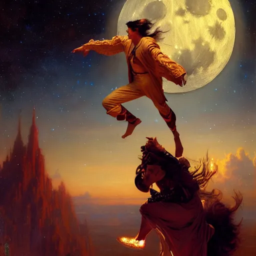 Image similar to attractive male wizard magically floating and flying high in the night sky, fantasy, full moon in background. highly detailed painting by gaston bussiere, craig mullins, j. c. leyendecker, mid shot, 8 k