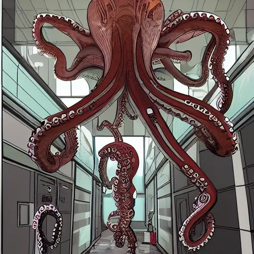 Prompt: robotic Octopus in a hallway, Industrial Scifi, detailed illustration, character portrait, by Martin Grip and Moebius