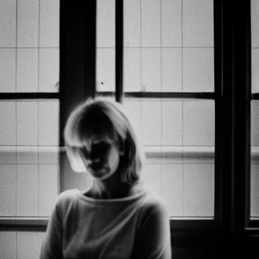 Prompt: black and white photograph portrait of a depressed 35 years old woman standing by the window, natural light, lomo, film grain, soft vignette, sigma 85mm f/1.4 1/10 sec shutter