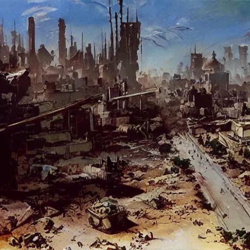 Prompt: the city of baghdad in post apocalyptic Iraq, painting by frazetta, wide angle, panorama