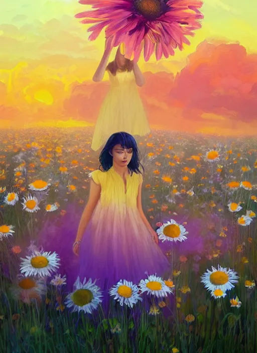 Image similar to girl face made of giant daisies, standing in a flower field, holding flowers, surreal photography, sunset dramatic light, impressionist painting, colorful clouds, large sky, digital painting, artstation, simon stalenhag